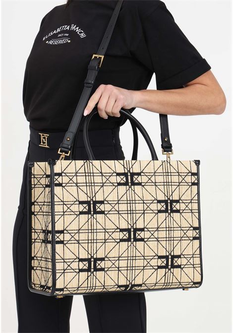 Women's shoulder bag with straw shoulder strap and black allover logo ELISABETTA FRANCHI | BS14A41E2BD9